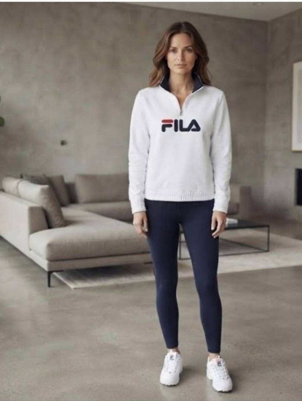 NWT Fila Women's White Navy Logo 1/4 Zip Fleece Pullover Sweatshirt Size L